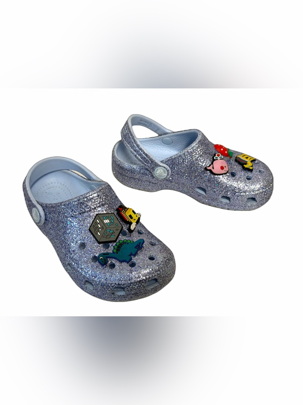 CROCS Kids Glitter Clogs with Colorful Charms - Silver Blue
